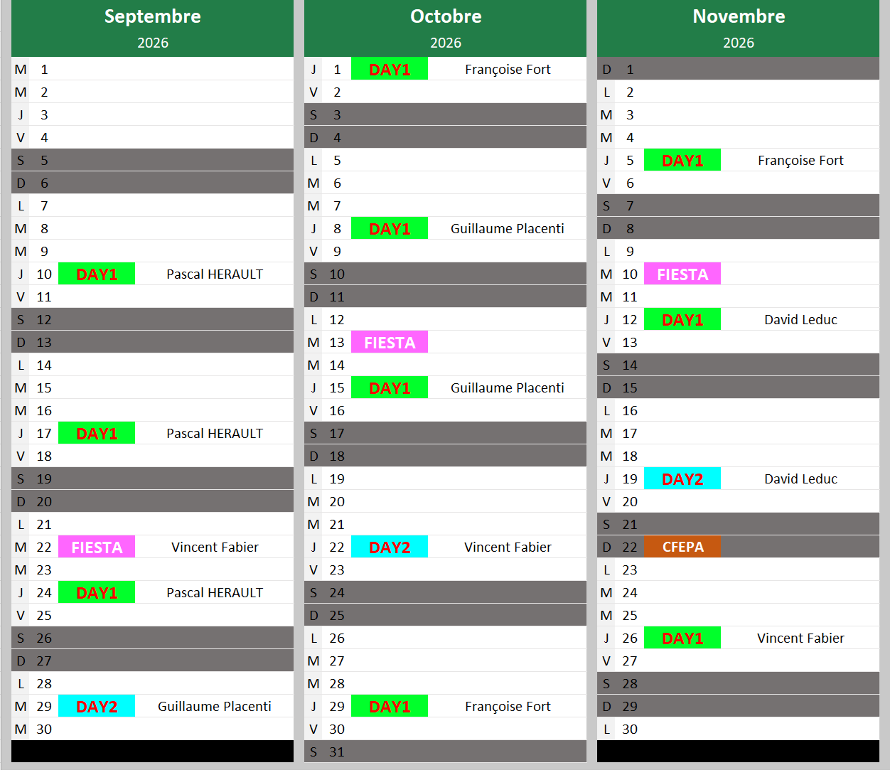CALENDRIER SEPTEMBRE NOVEMBRE